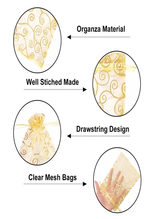 G2PLUS Organza Gift Bags 5x7 Inches - 50Pcs Sheer Mesh Organza Bags with Gold Rattan Printed, Drawstring Tulle Jewelry Pouches for Wedding, Christmas Party Favors - Image 3